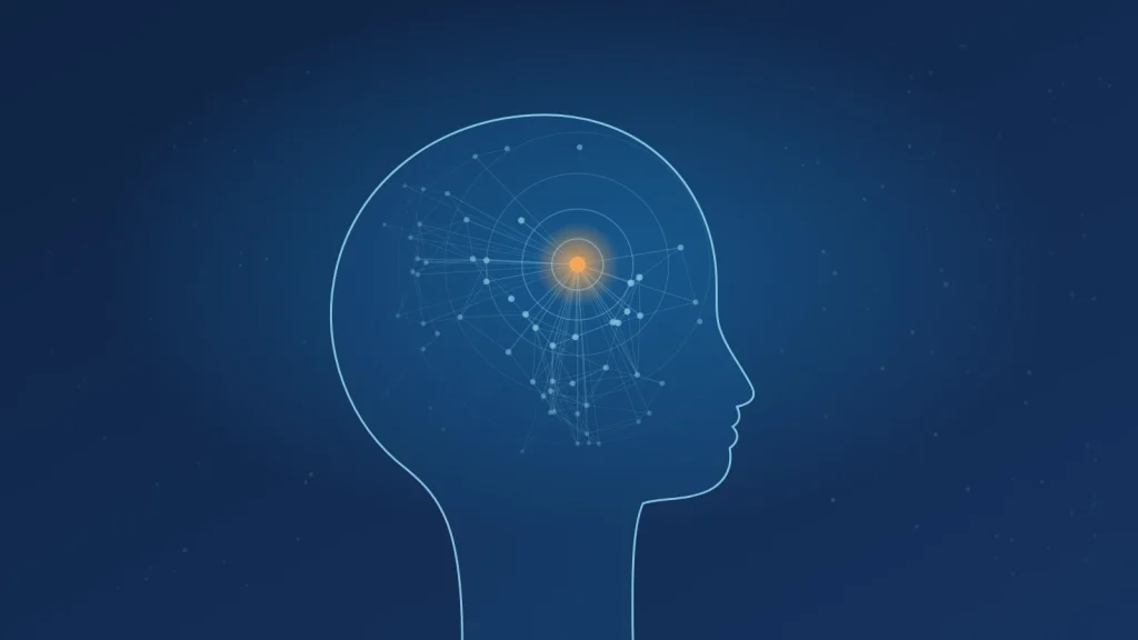 Illustration : silhouette de tête de profil, avec un point lumineux de concentration relié à un réseau de connexions cérébrales