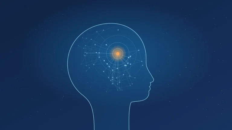 Illustration : silhouette de tête de profil, avec un point lumineux de concentration relié à un réseau de connexions cérébrales
