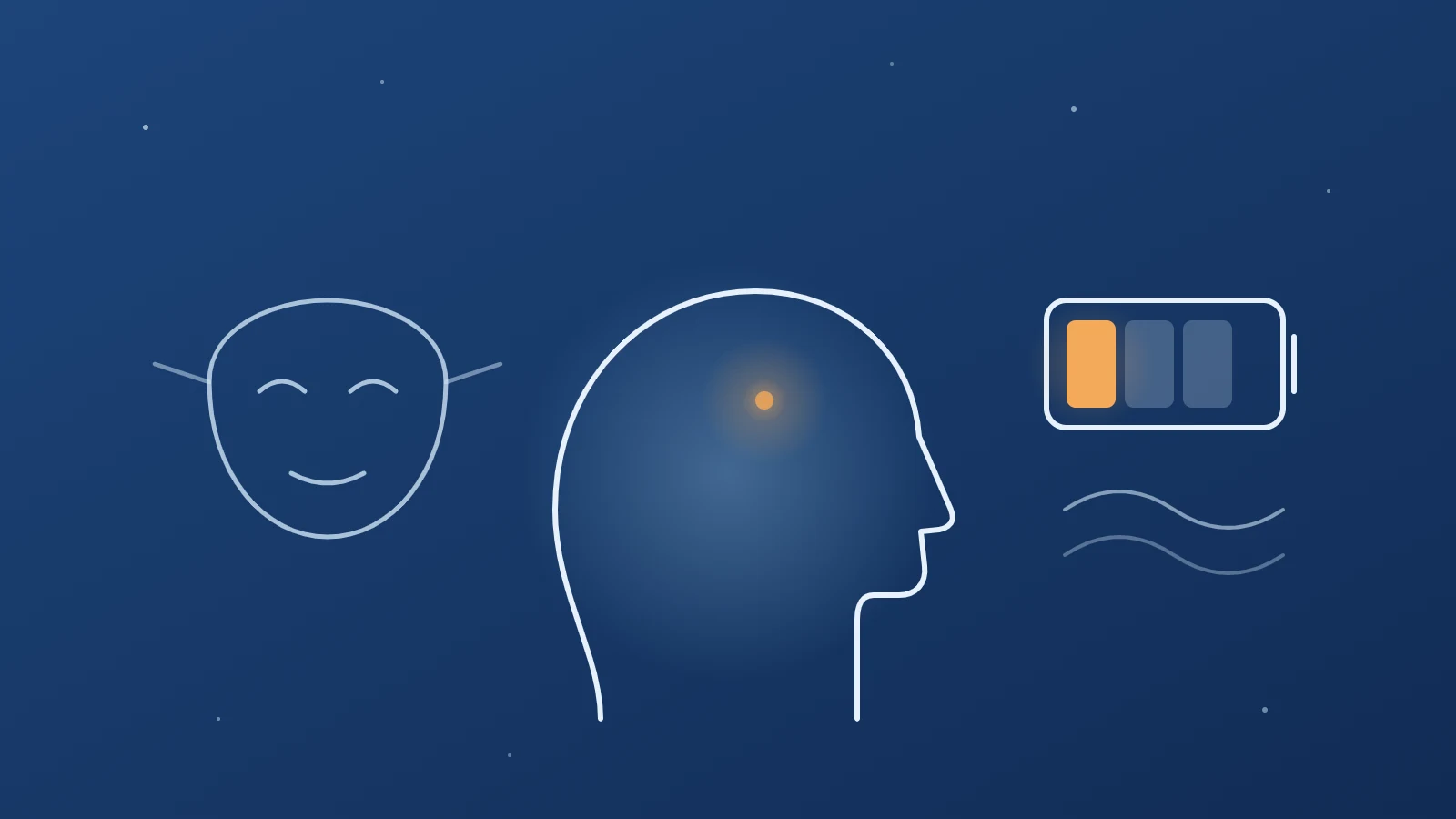 Illustration : un profil de tête au calme, un masque posé à côté et une batterie presque vide