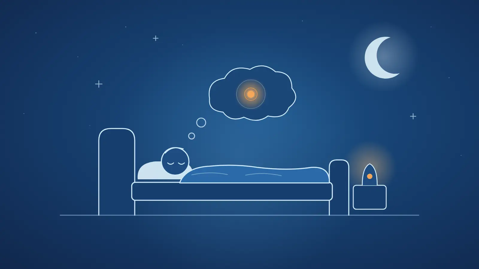 Illustration : un enfant endormi dans son lit, une bulle de rêve lumineuse au-dessus de lui, la lune et une veilleuse
