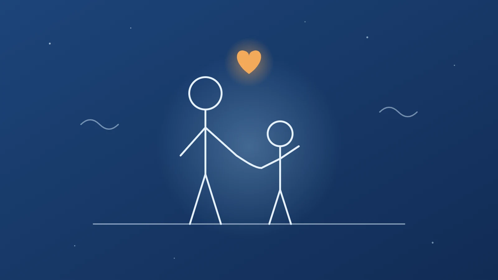 Illustration : un adulte et un enfant main dans la main, un cœur lumineux au-dessus d’eux