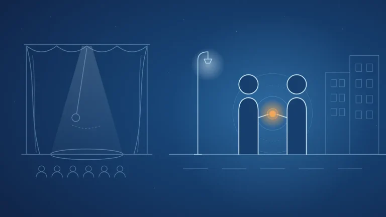 Illustration : à gauche, une scène de spectacle avec rideaux, projecteur et pendule ; à droite, deux personnes face à face dans la rue, un point d’attention lumineux entre elles